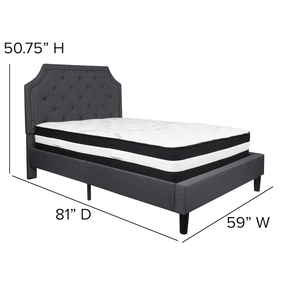 Full Size Platform Bed in Dark Gray Fabric with Pocket Spring Mattress