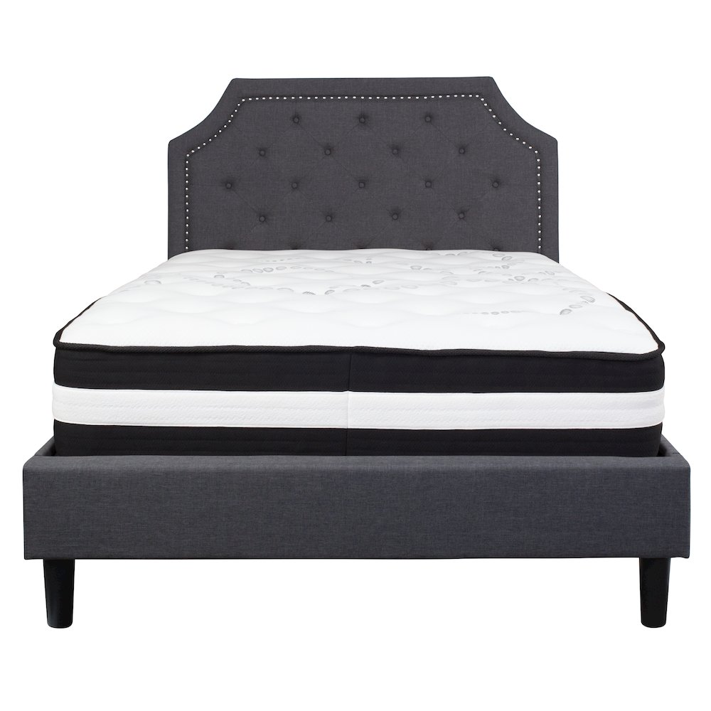 Full Size Platform Bed in Dark Gray Fabric with Pocket Spring Mattress