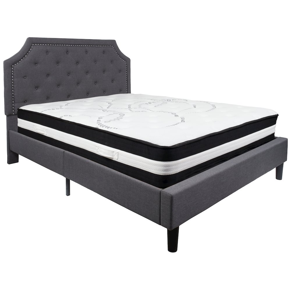 Queen Size Platform Bed in Dark Gray Fabric with Pocket Spring Mattress