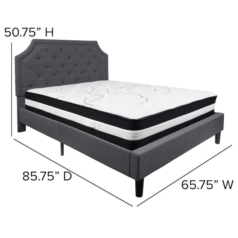 Queen Size Platform Bed in Dark Gray Fabric with Pocket Spring Mattress