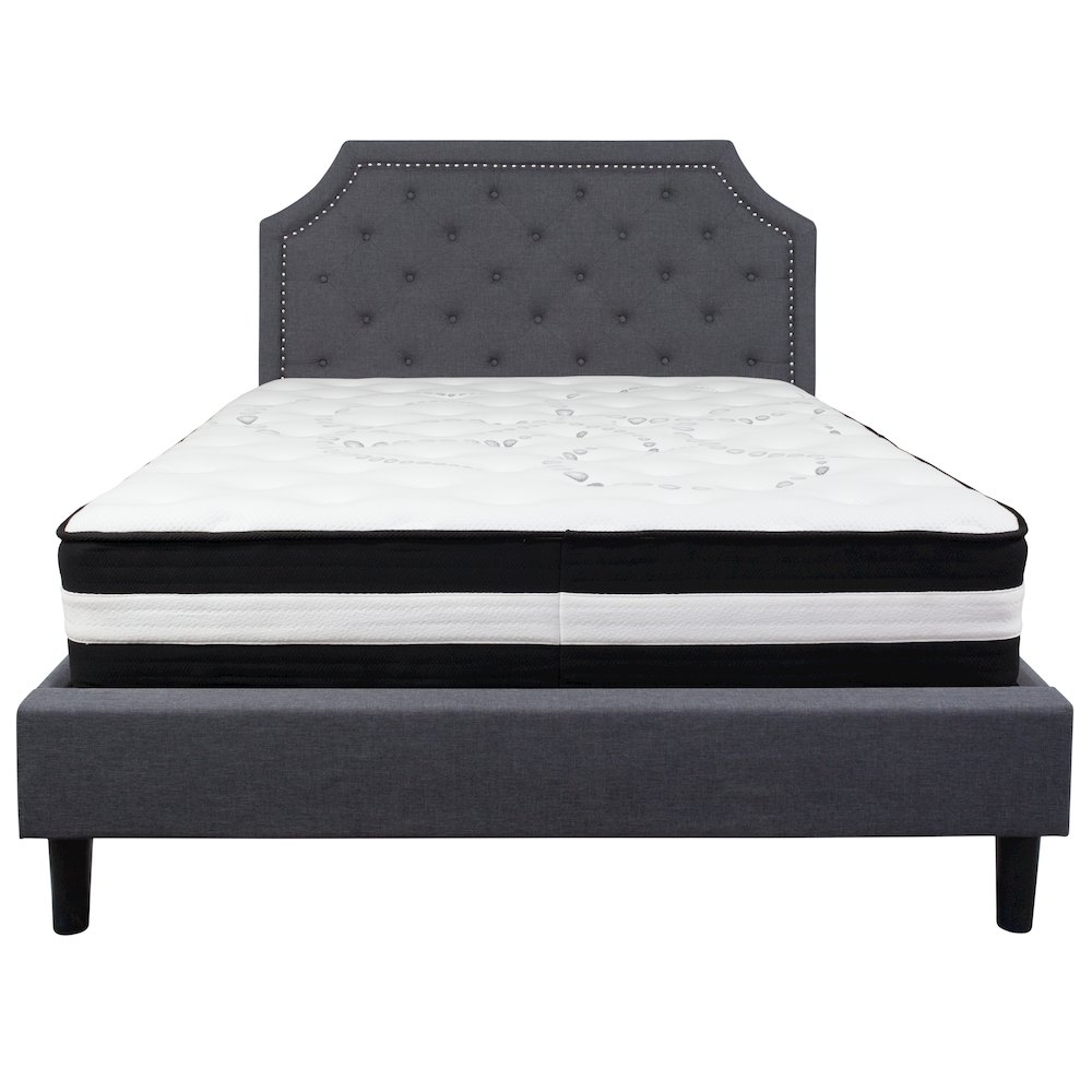 Queen Size Platform Bed in Dark Gray Fabric with Pocket Spring Mattress