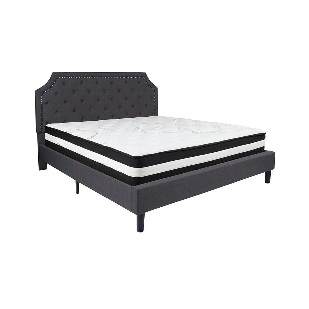 King Size Platform Bed in Dark Gray Fabric with Pocket Spring Mattress