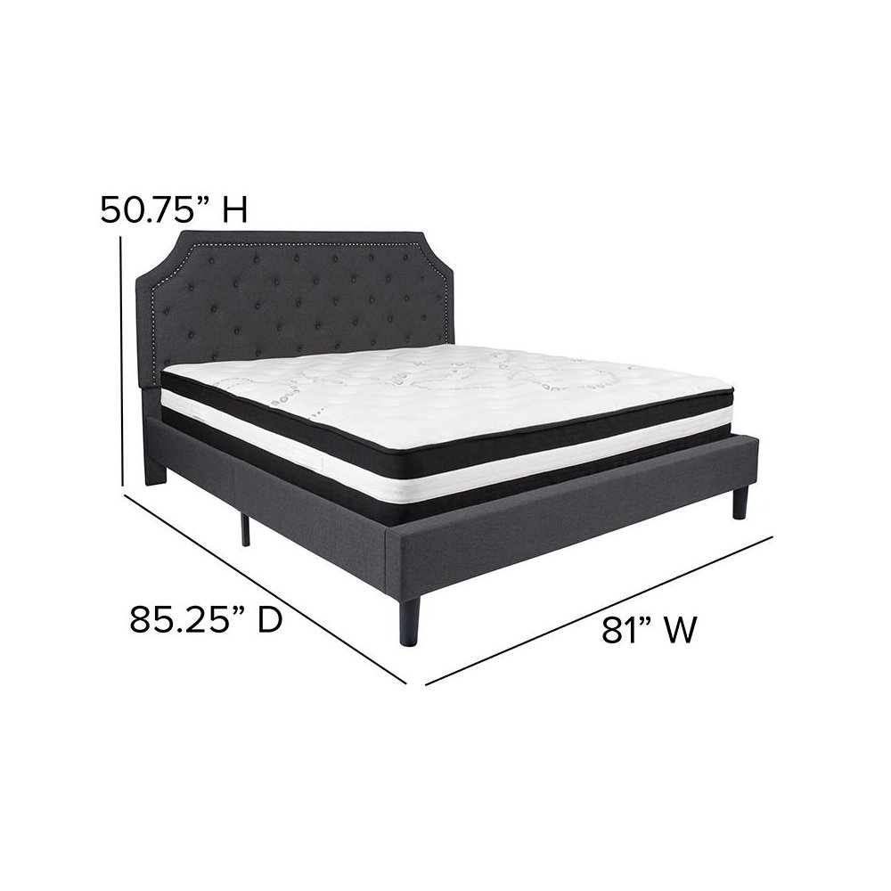 King Size Platform Bed in Dark Gray Fabric with Pocket Spring Mattress