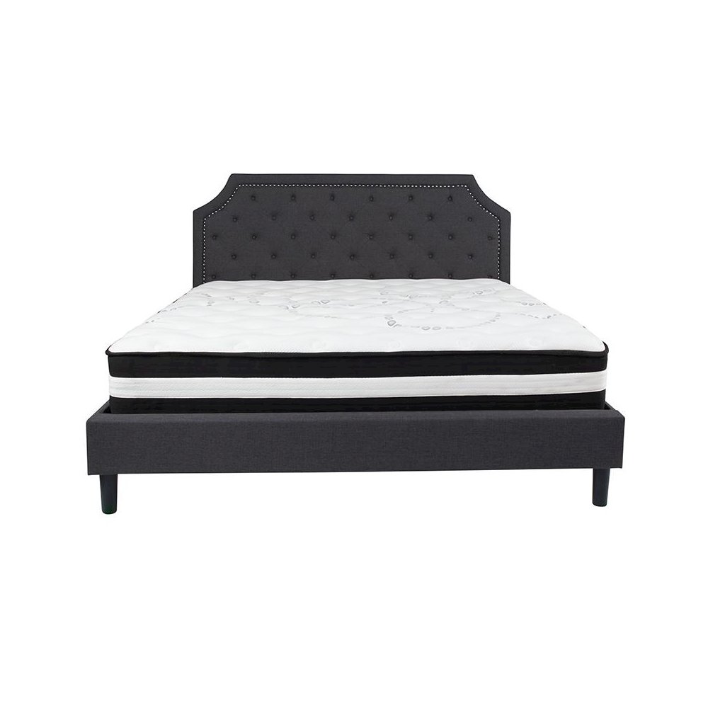 King Size Platform Bed in Dark Gray Fabric with Pocket Spring Mattress