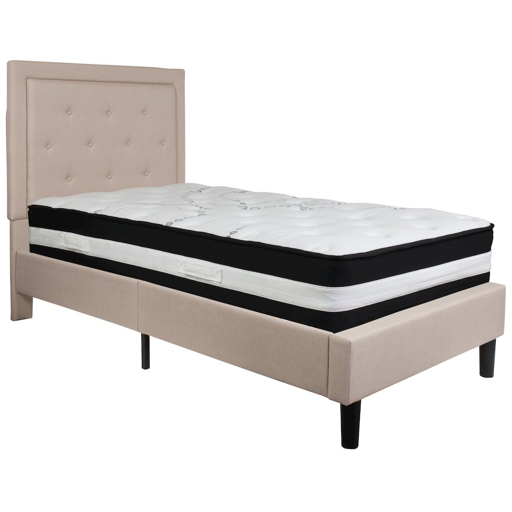 Twin Size Platform Bed in Beige Fabric with Pocket Spring Mattress
