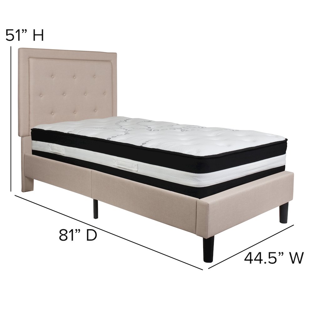 Twin Size Platform Bed in Beige Fabric with Pocket Spring Mattress