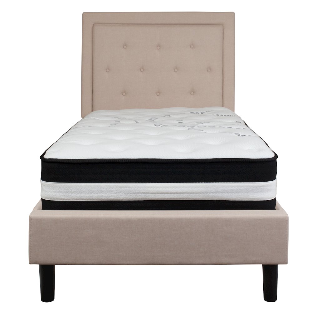 Twin Size Platform Bed in Beige Fabric with Pocket Spring Mattress