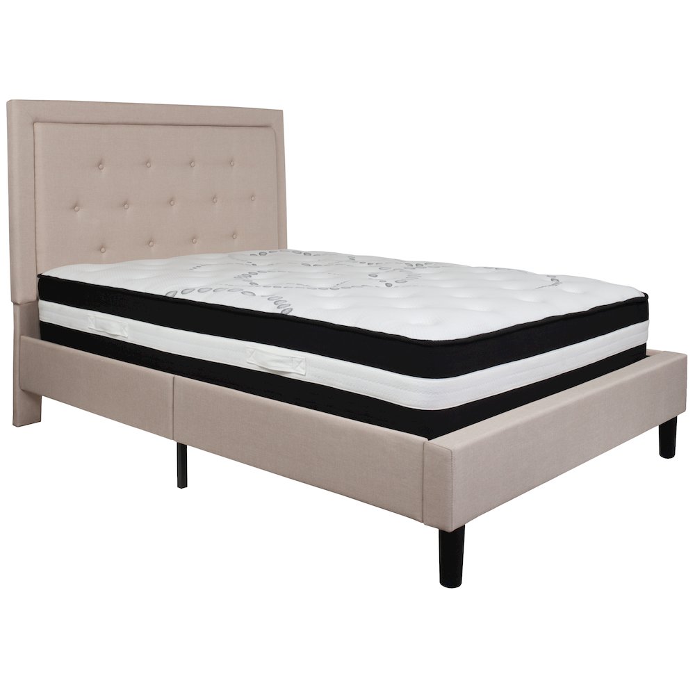Full Size Platform Bed in Beige Fabric with Pocket Spring Mattress