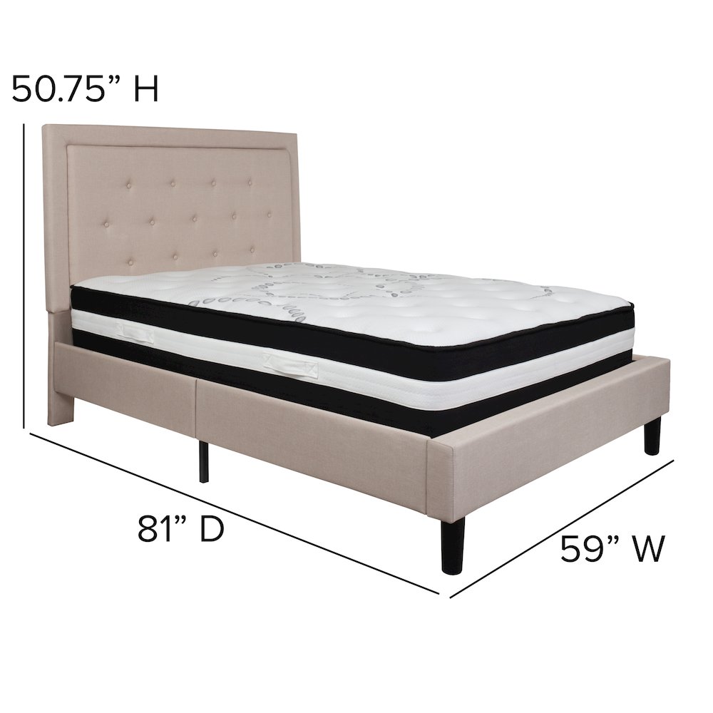 Full Size Platform Bed in Beige Fabric with Pocket Spring Mattress