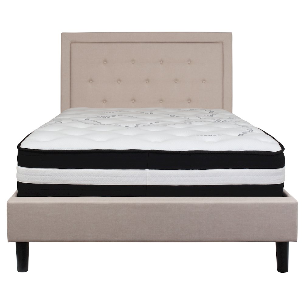 Full Size Platform Bed in Beige Fabric with Pocket Spring Mattress