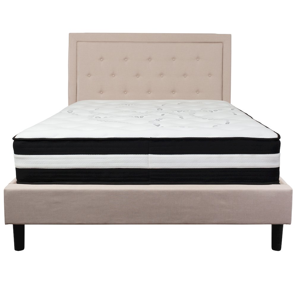 Queen Size Platform Bed in Beige Fabric with Pocket Spring Mattress