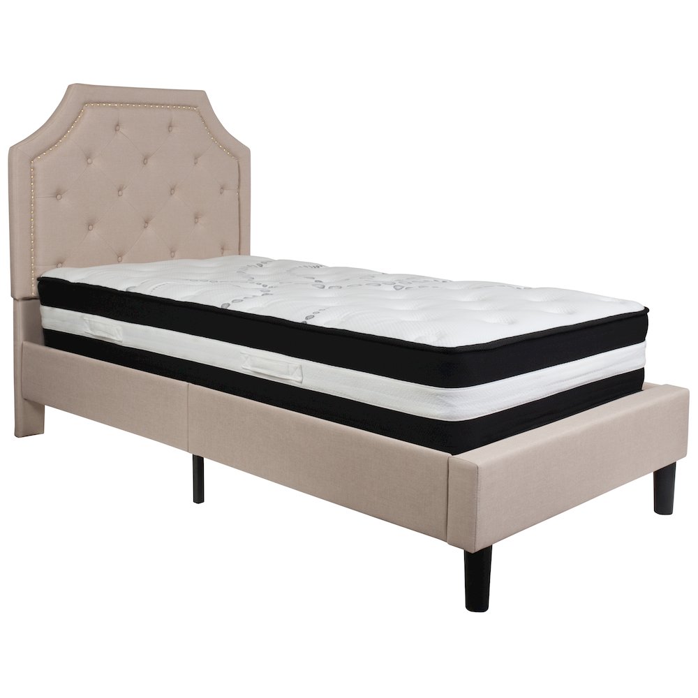 Twin Size Platform Bed in Beige Fabric with Pocket Spring Mattress