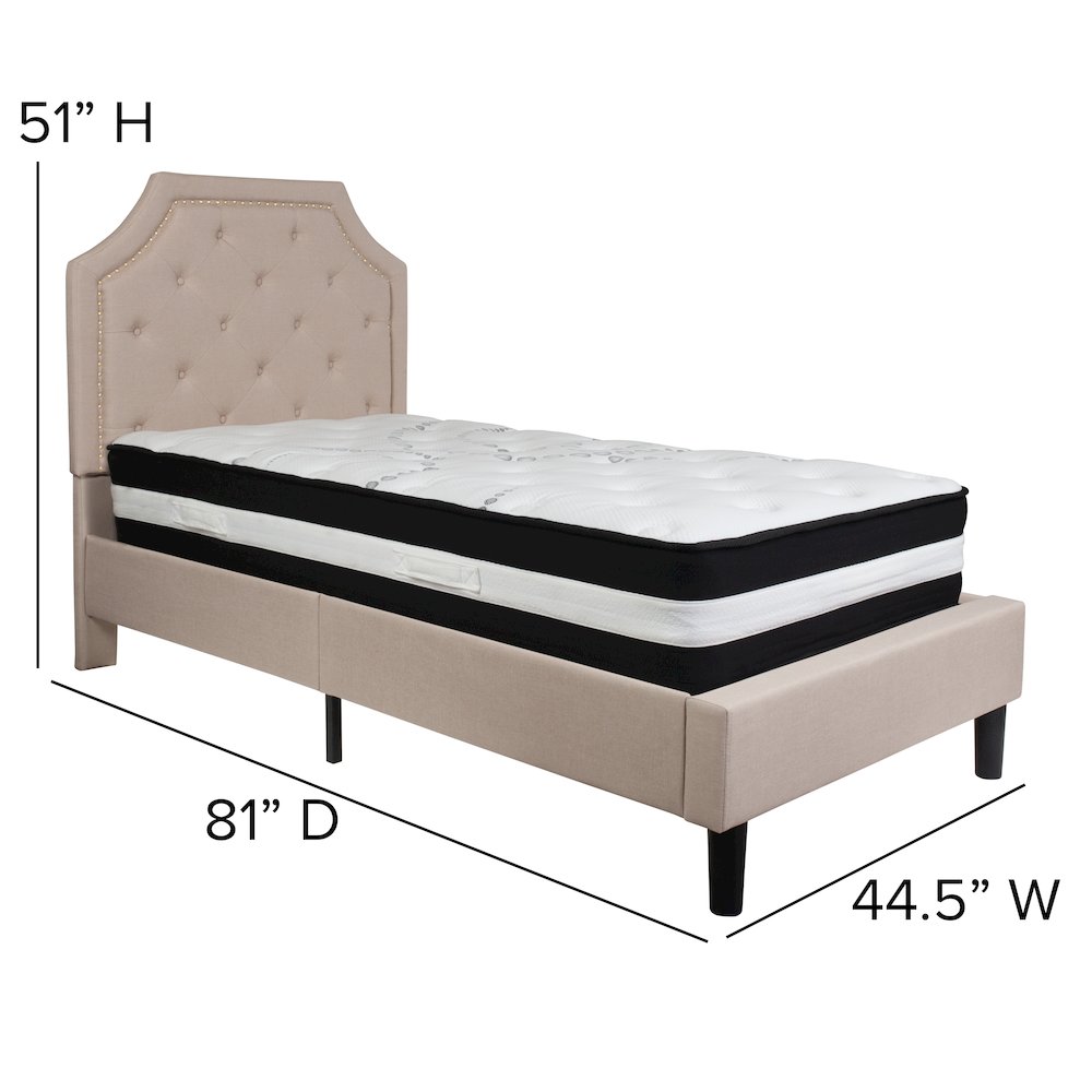 Twin Size Platform Bed in Beige Fabric with Pocket Spring Mattress