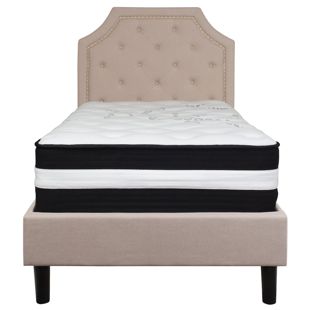 Twin Size Platform Bed in Beige Fabric with Pocket Spring Mattress