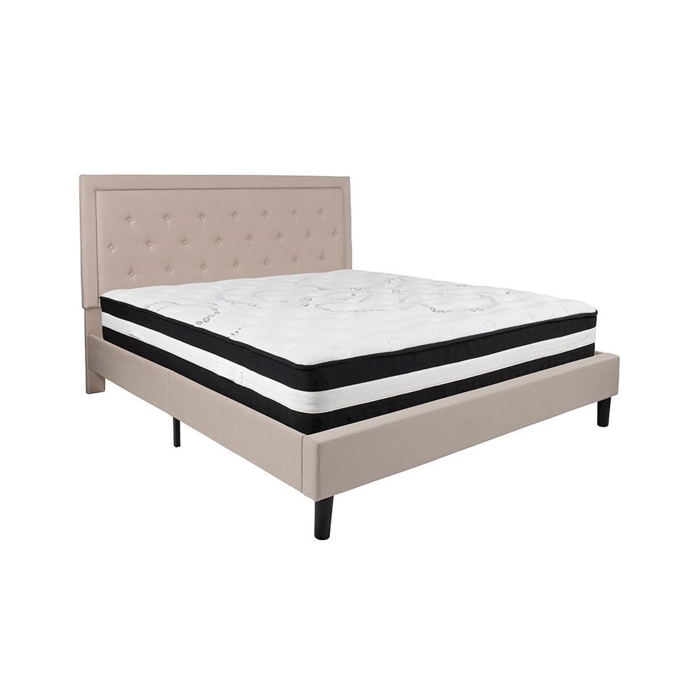King Size Platform Bed in Beige Fabric with Pocket Spring Mattress