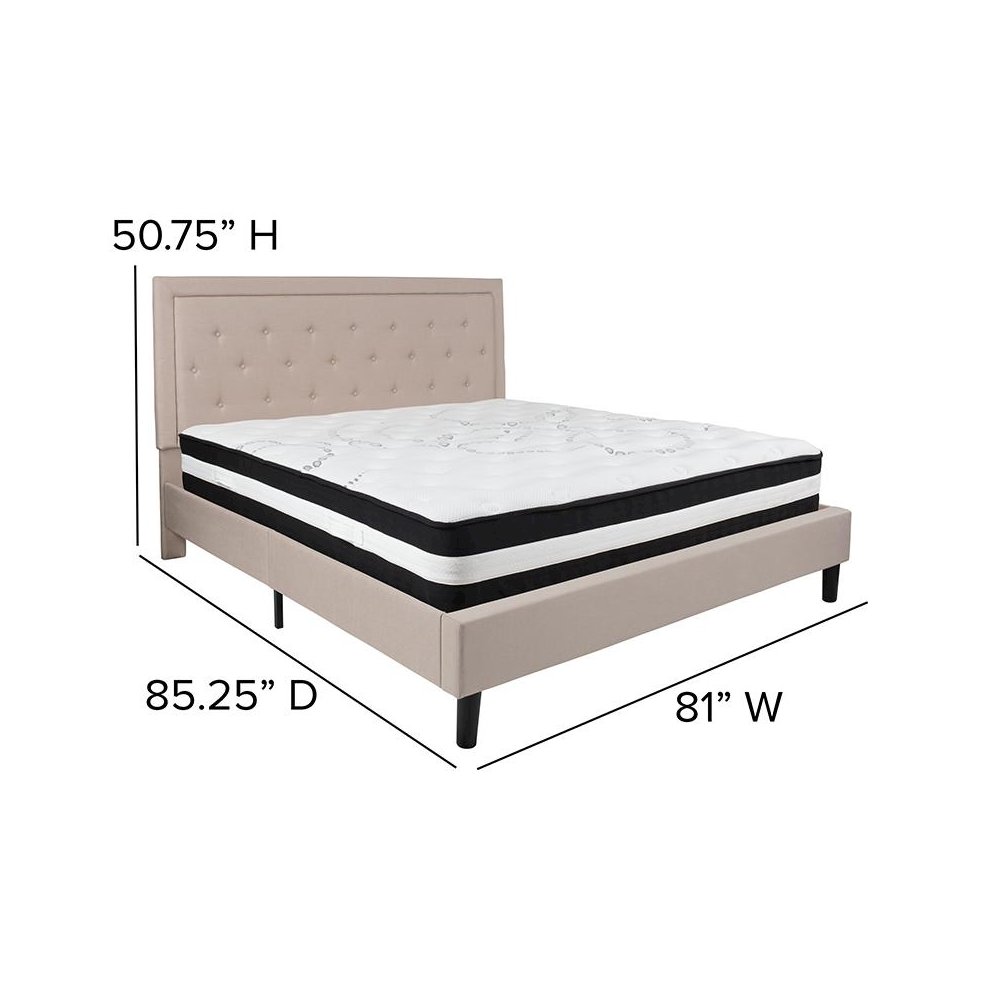 King Size Platform Bed in Beige Fabric with Pocket Spring Mattress
