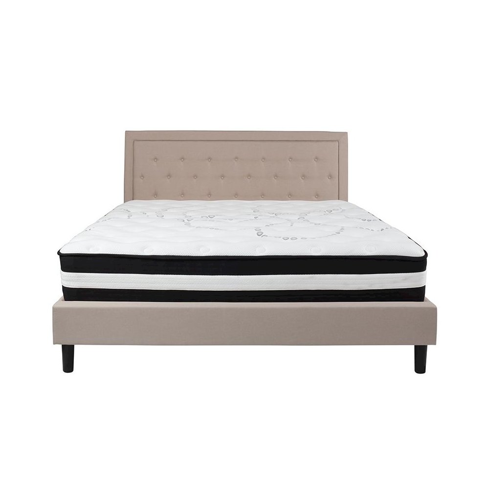 King Size Platform Bed in Beige Fabric with Pocket Spring Mattress