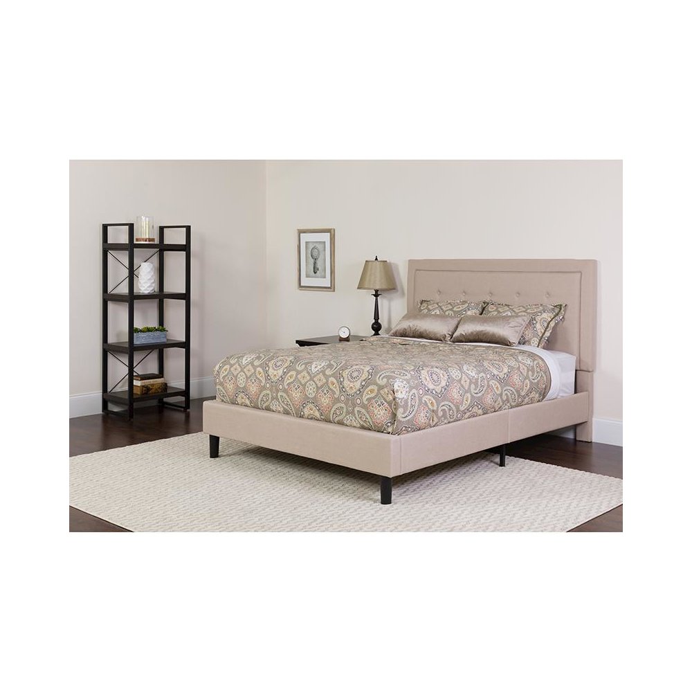 King Size Platform Bed in Beige Fabric with Pocket Spring Mattress