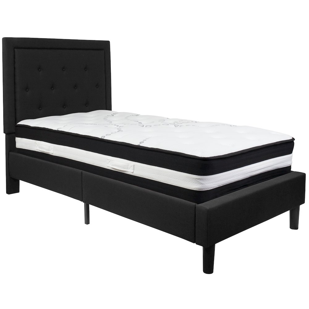 Twin Size Platform Bed in Black Fabric with Pocket Spring Mattress