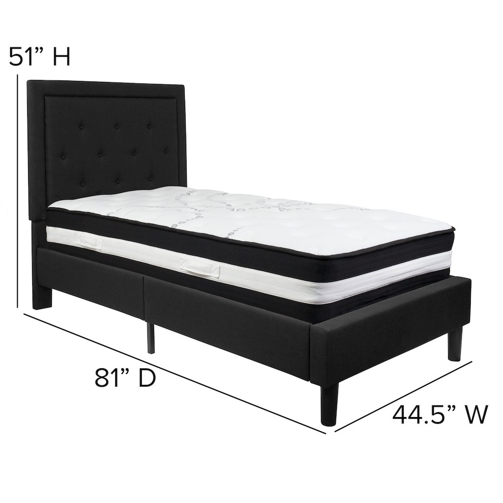 Twin Size Platform Bed in Black Fabric with Pocket Spring Mattress
