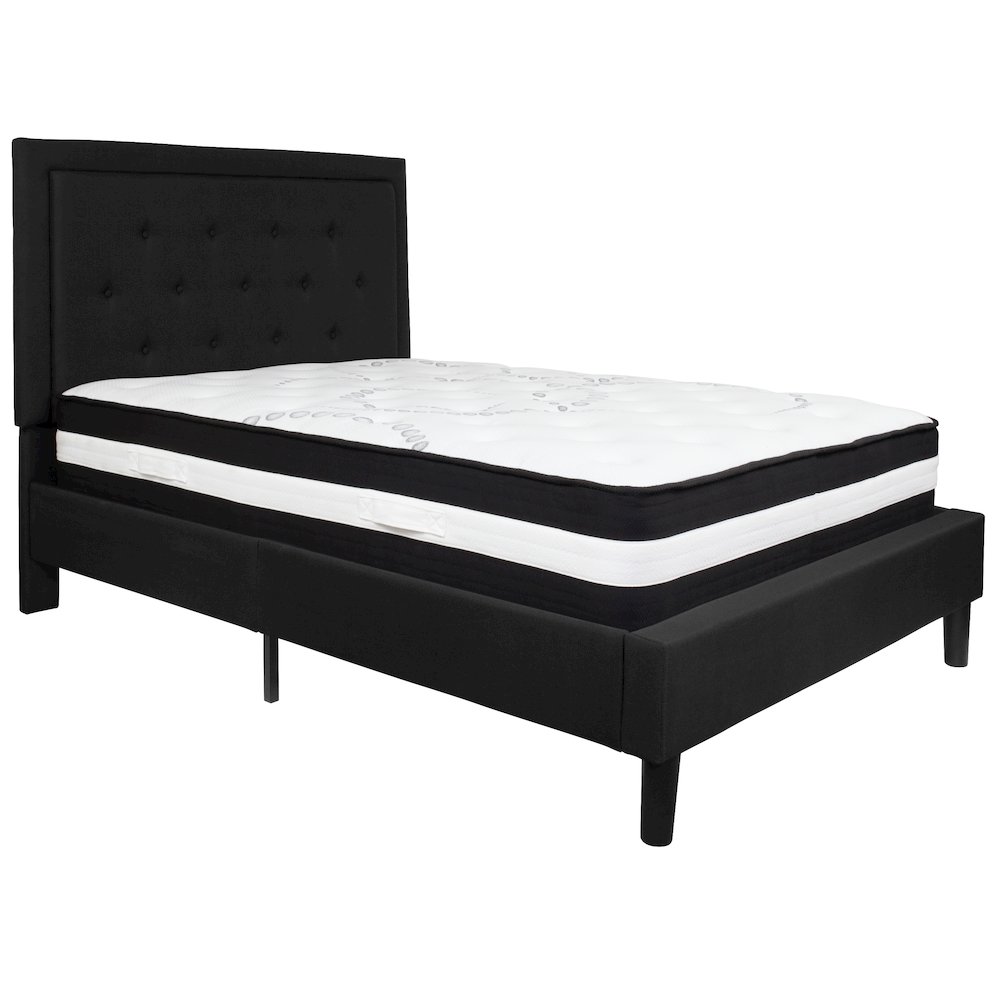 Full Size Platform Bed in Black Fabric with Pocket Spring Mattress