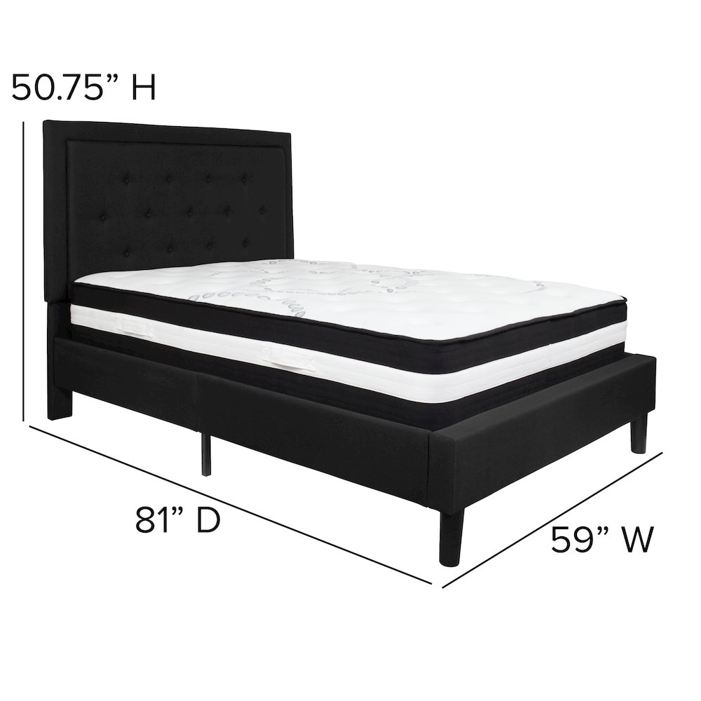 Full Size Platform Bed in Black Fabric with Pocket Spring Mattress