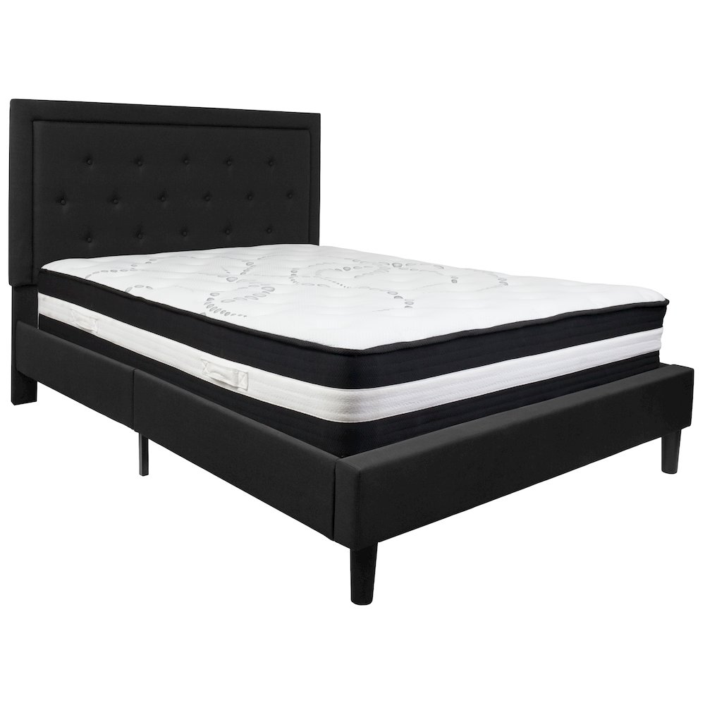 Queen Size Platform Bed in Black Fabric with Pocket Spring Mattress