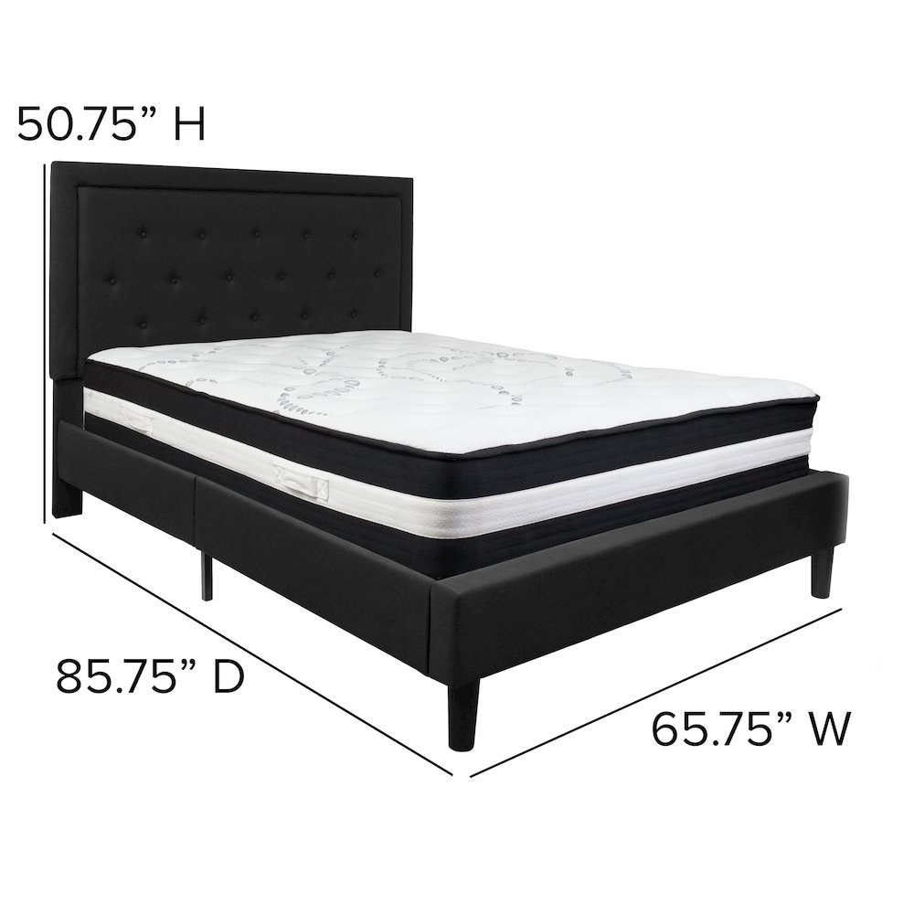 Queen Size Platform Bed in Black Fabric with Pocket Spring Mattress