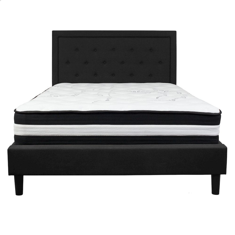 Queen Size Platform Bed in Black Fabric with Pocket Spring Mattress