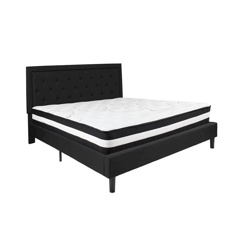 King Size Platform Bed in Black Fabric with Pocket Spring Mattress