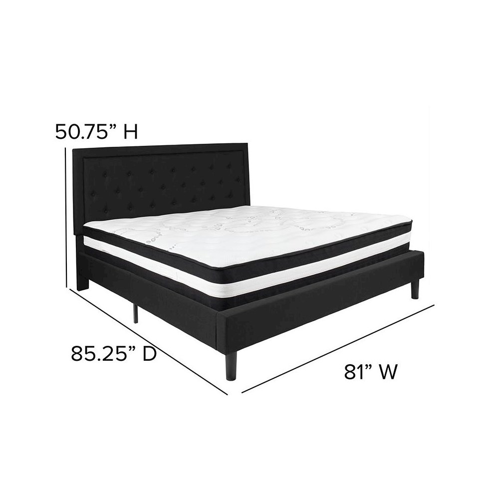 King Size Platform Bed in Black Fabric with Pocket Spring Mattress