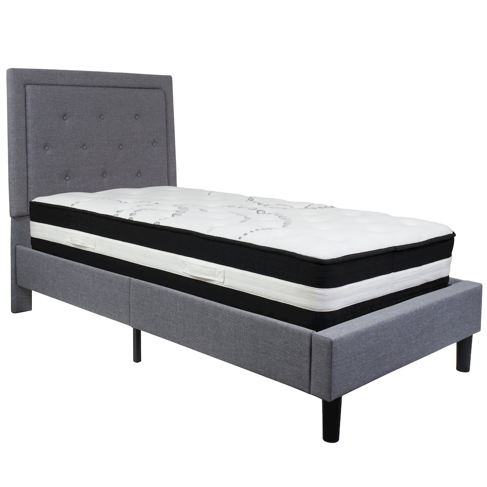 Twin Size Platform Bed in Light Gray Fabric with Pocket Spring Mattress
