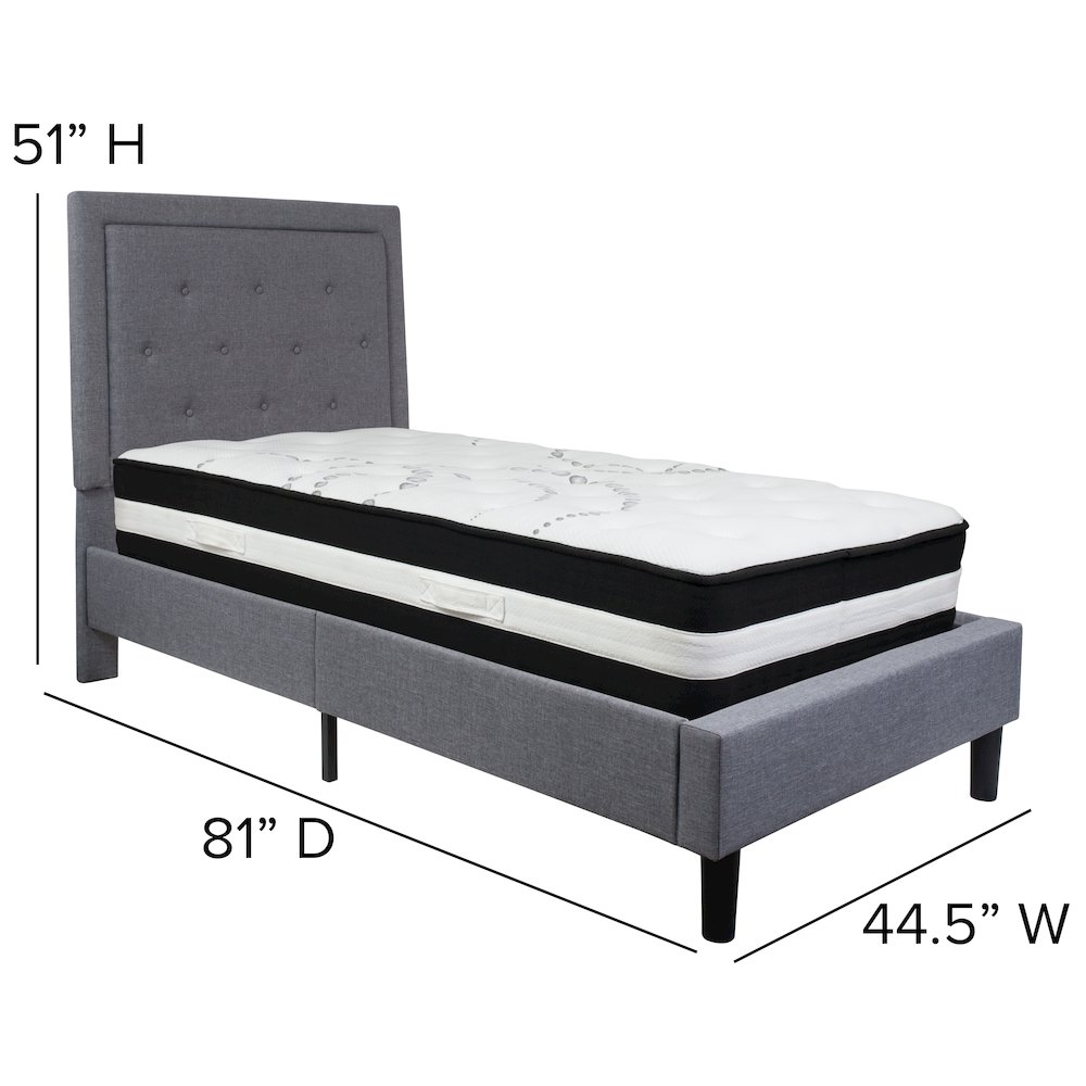 Twin Size Platform Bed in Light Gray Fabric with Pocket Spring Mattress