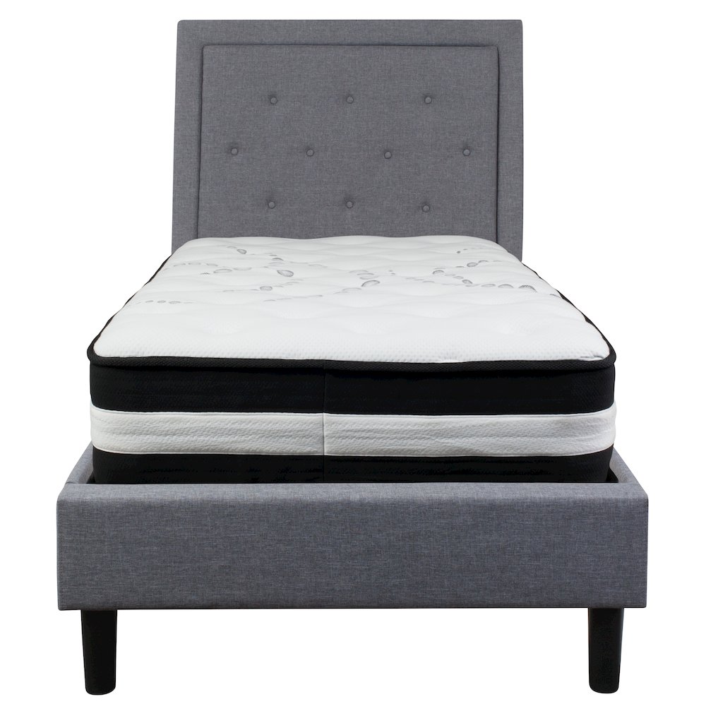 Twin Size Platform Bed in Light Gray Fabric with Pocket Spring Mattress