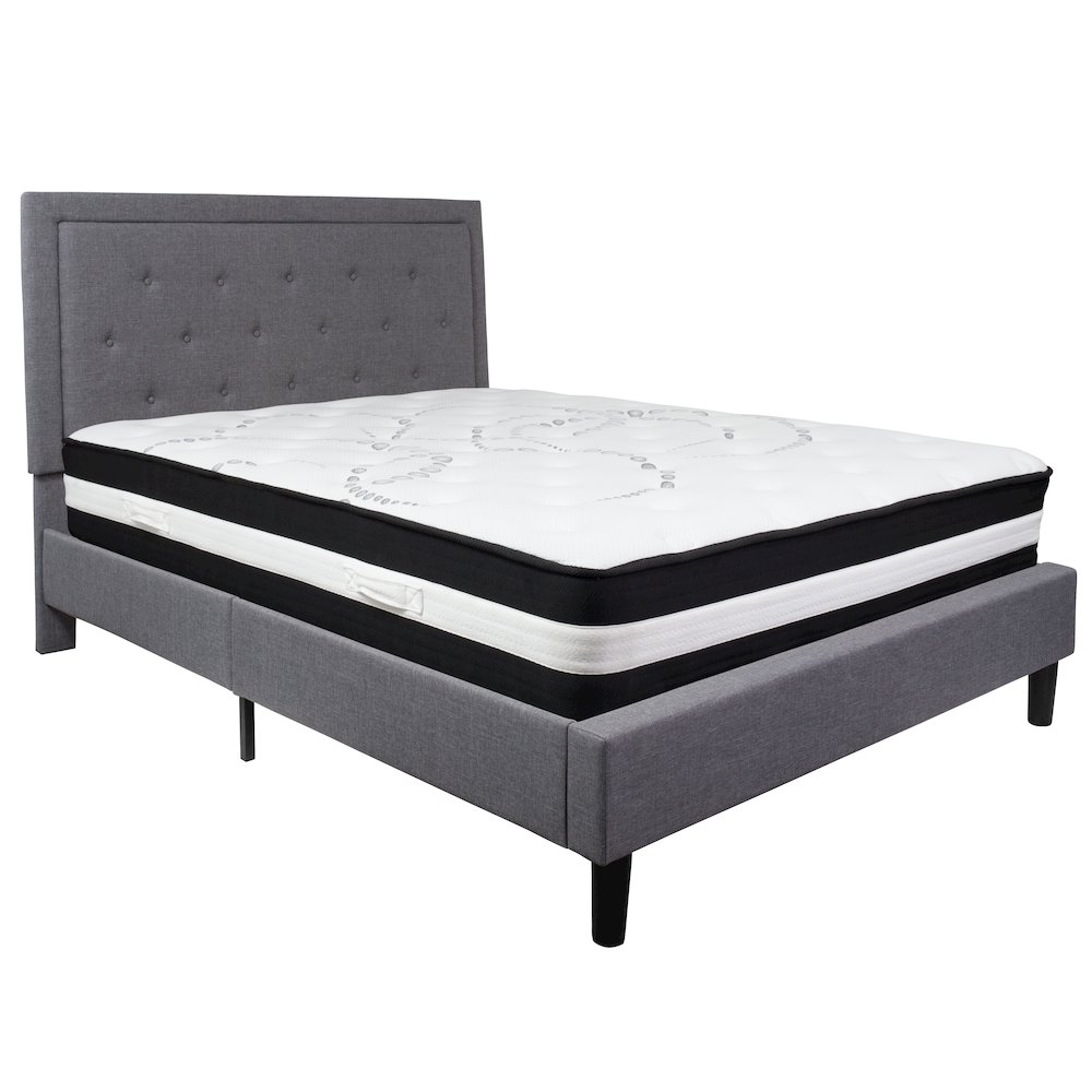 Queen Size Platform Bed in Light Gray Fabric with Pocket Spring Mattress