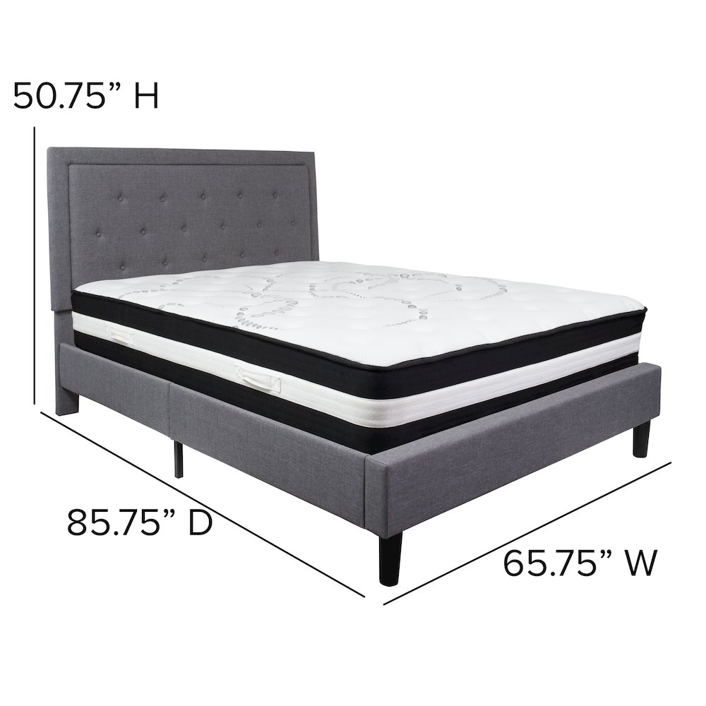 Queen Size Platform Bed in Light Gray Fabric with Pocket Spring Mattress