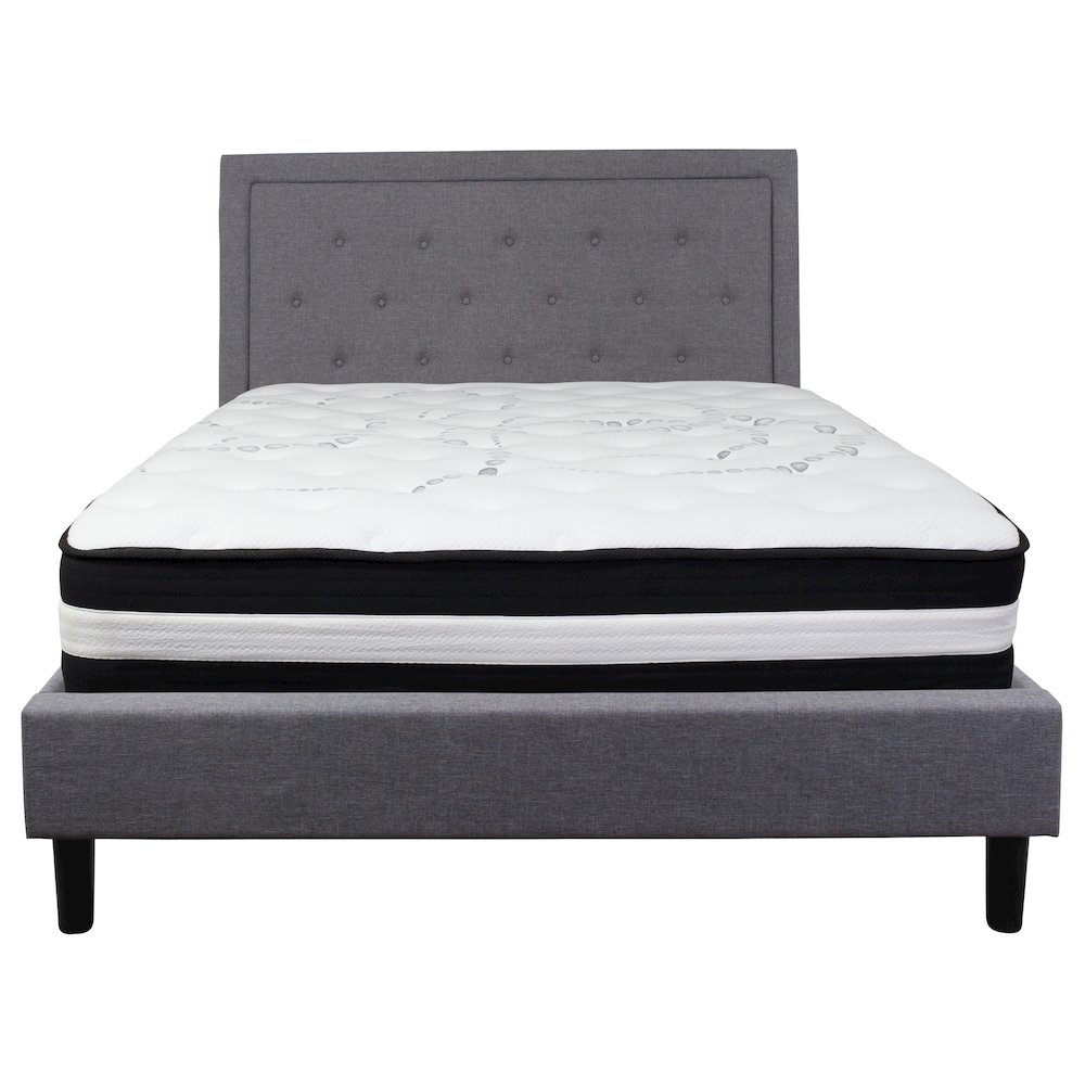 Queen Size Platform Bed in Light Gray Fabric with Pocket Spring Mattress