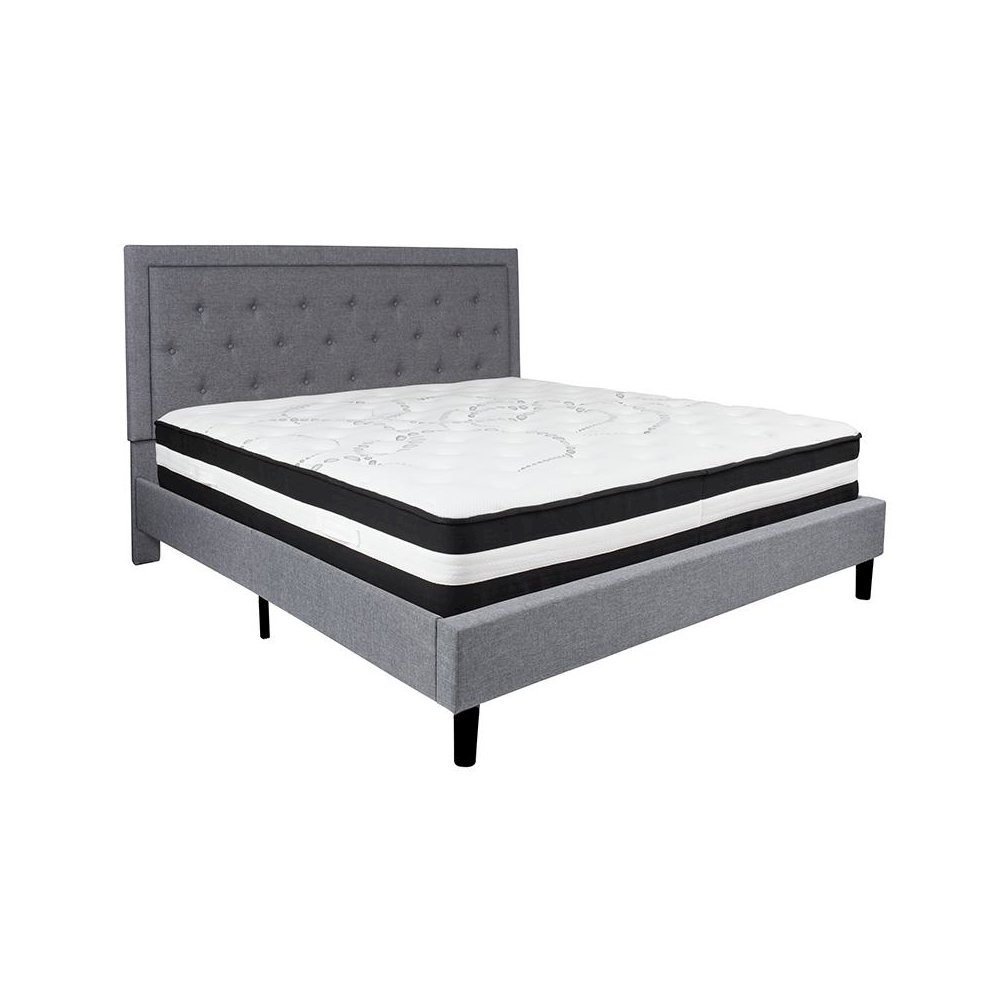 King Size Platform Bed in Light Gray Fabric with Pocket Spring Mattress
