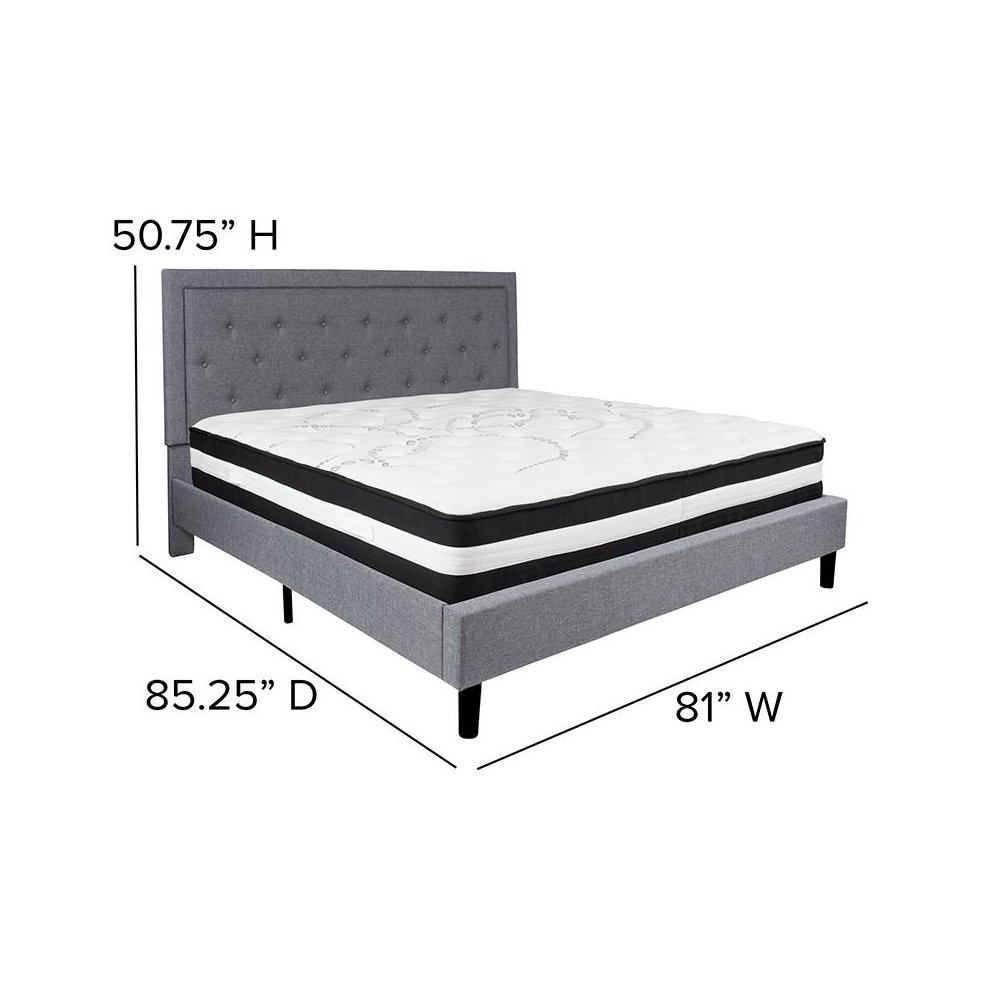 King Size Platform Bed in Light Gray Fabric with Pocket Spring Mattress