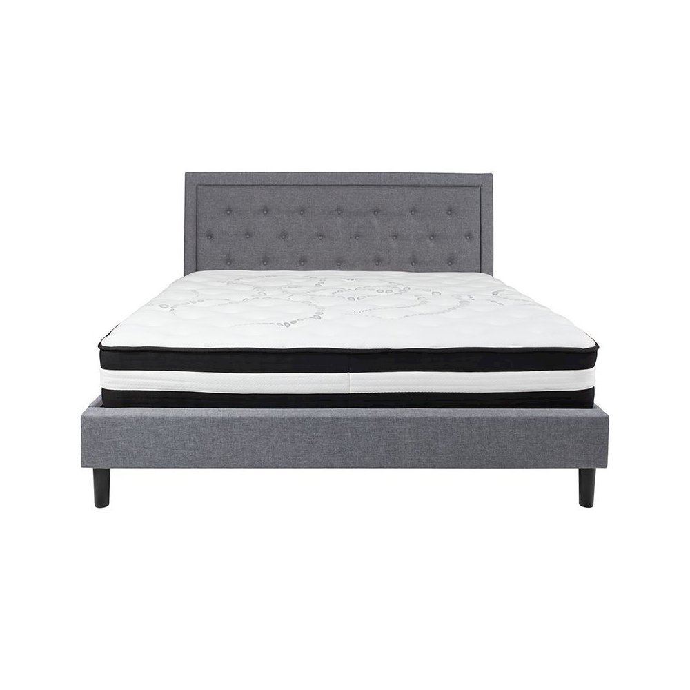 King Size Platform Bed in Light Gray Fabric with Pocket Spring Mattress