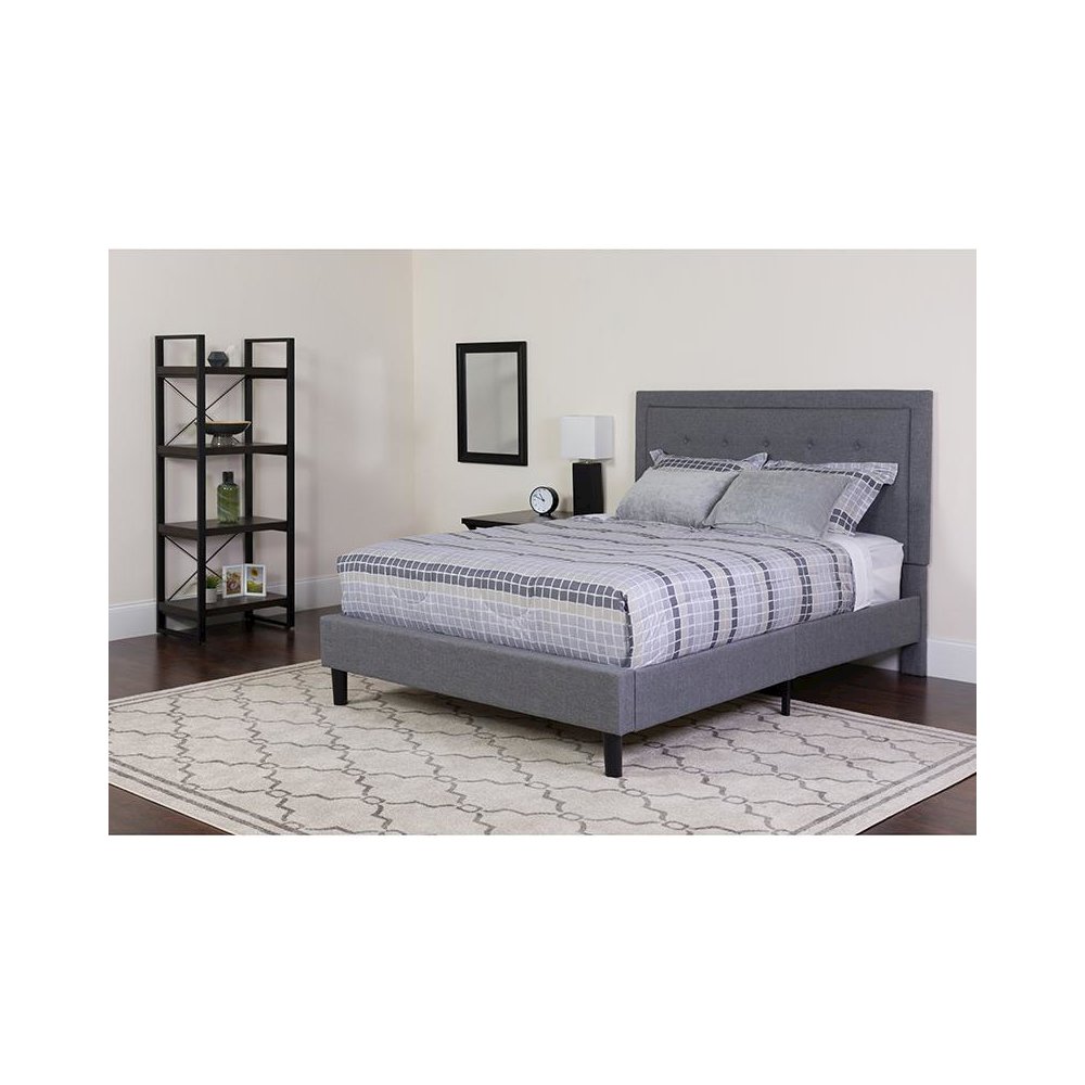 King Size Platform Bed in Light Gray Fabric with Pocket Spring Mattress