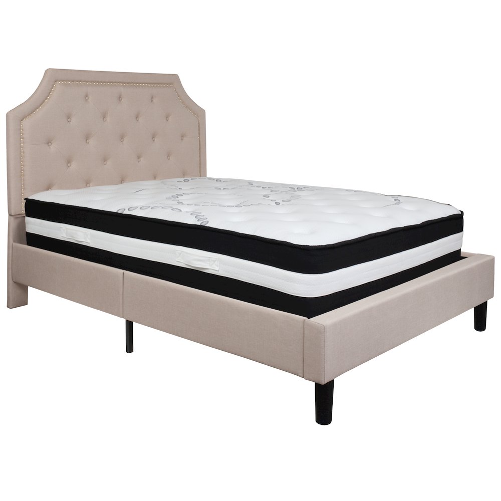 Full Size Platform Bed in Beige Fabric with Pocket Spring Mattress