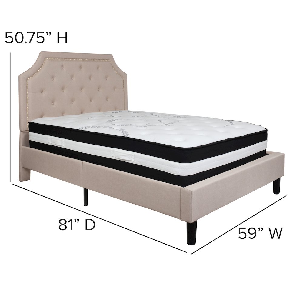 Full Size Platform Bed in Beige Fabric with Pocket Spring Mattress
