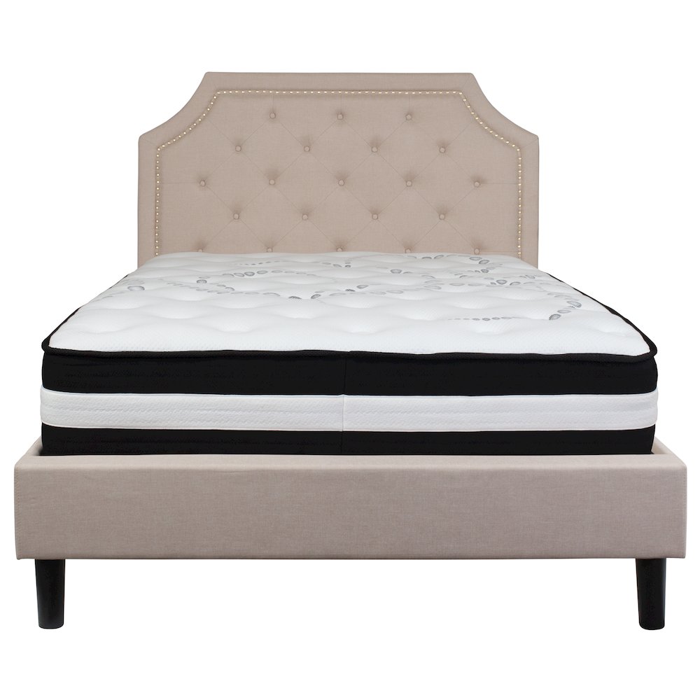 Full Size Platform Bed in Beige Fabric with Pocket Spring Mattress