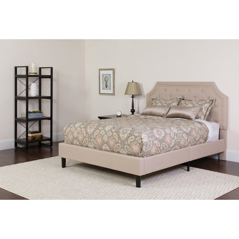 Full Size Platform Bed in Beige Fabric with Pocket Spring Mattress