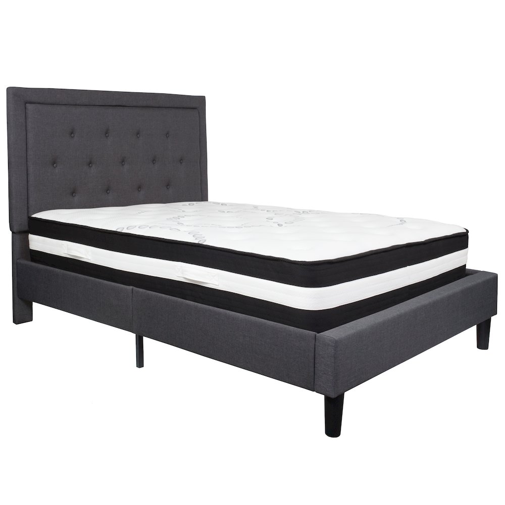 Full Size Platform Bed in Dark Gray Fabric with Pocket Spring Mattress