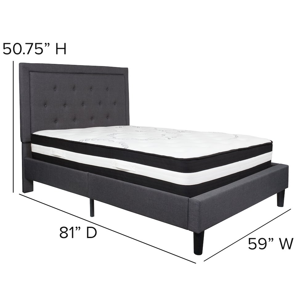 Full Size Platform Bed in Dark Gray Fabric with Pocket Spring Mattress