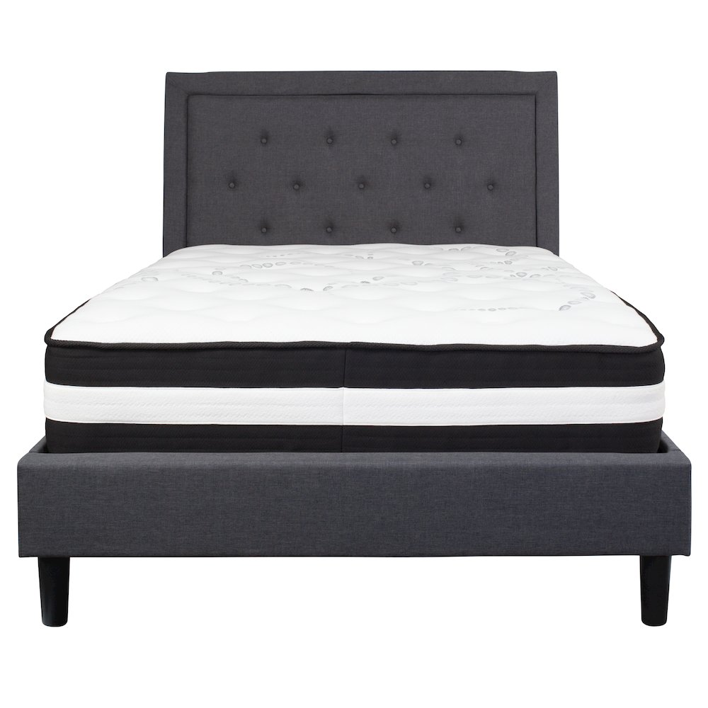 Full Size Platform Bed in Dark Gray Fabric with Pocket Spring Mattress