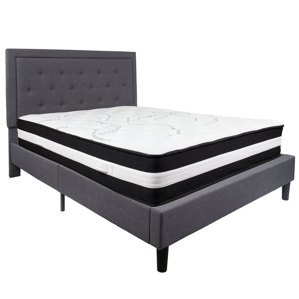 Queen Size Platform Bed in Dark Gray Fabric with Pocket Spring Mattress