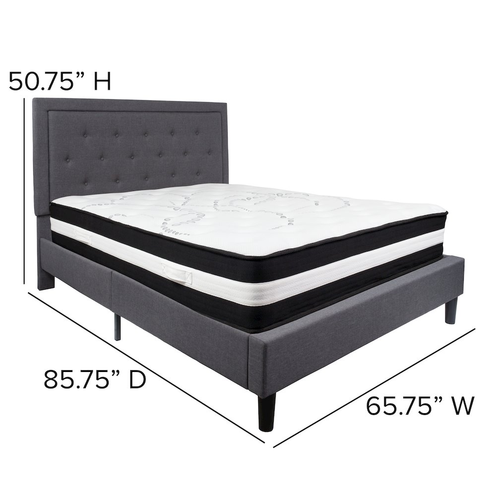 Queen Size Platform Bed in Dark Gray Fabric with Pocket Spring Mattress
